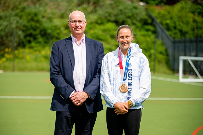 Robert Guice, CEO, Citron Hygiene, and Olympic bronze medallist Holly Bradshaw at Djanogly City Academy in Nottingham