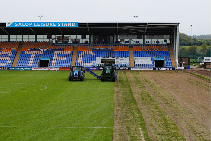 Shrewsbury Town FC pitch being lifted
