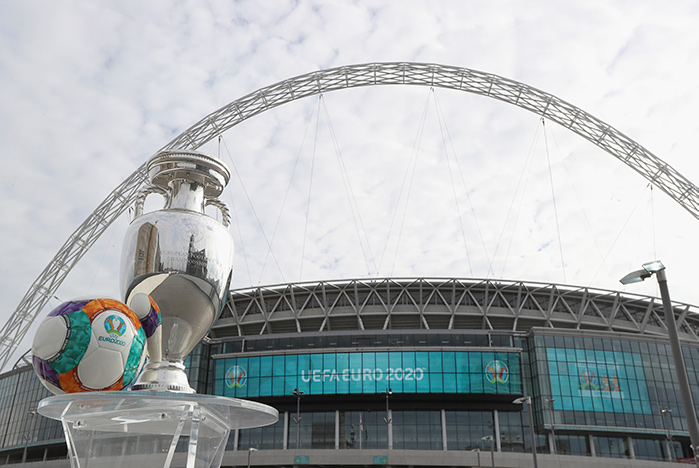 Wembley Stadium seem from the outside with UEFA Euro 2020 banners