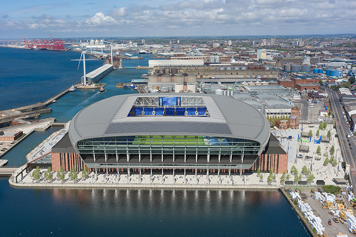 An aerial image of the new Everton Stadium at Bramley-Moore Dock