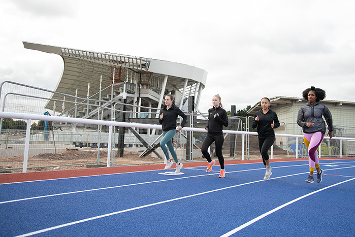 Laura Muir, Amy Harland, Sophia Deans and Kadeena Cox testing out the new warm up track at the Alexander Stadium