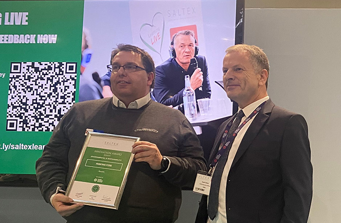 Steven Haynes (left), tractor sales manager at Reesink, accepts the SALTEX Innovation Award in the Environmental and Sustainability category from GMA’s CEO Geoff Webb.