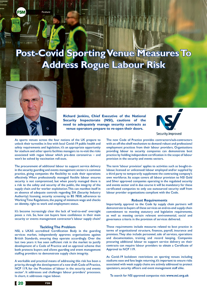Post-Covid Sporting Venue Measures To Address Rogue Labour Risk