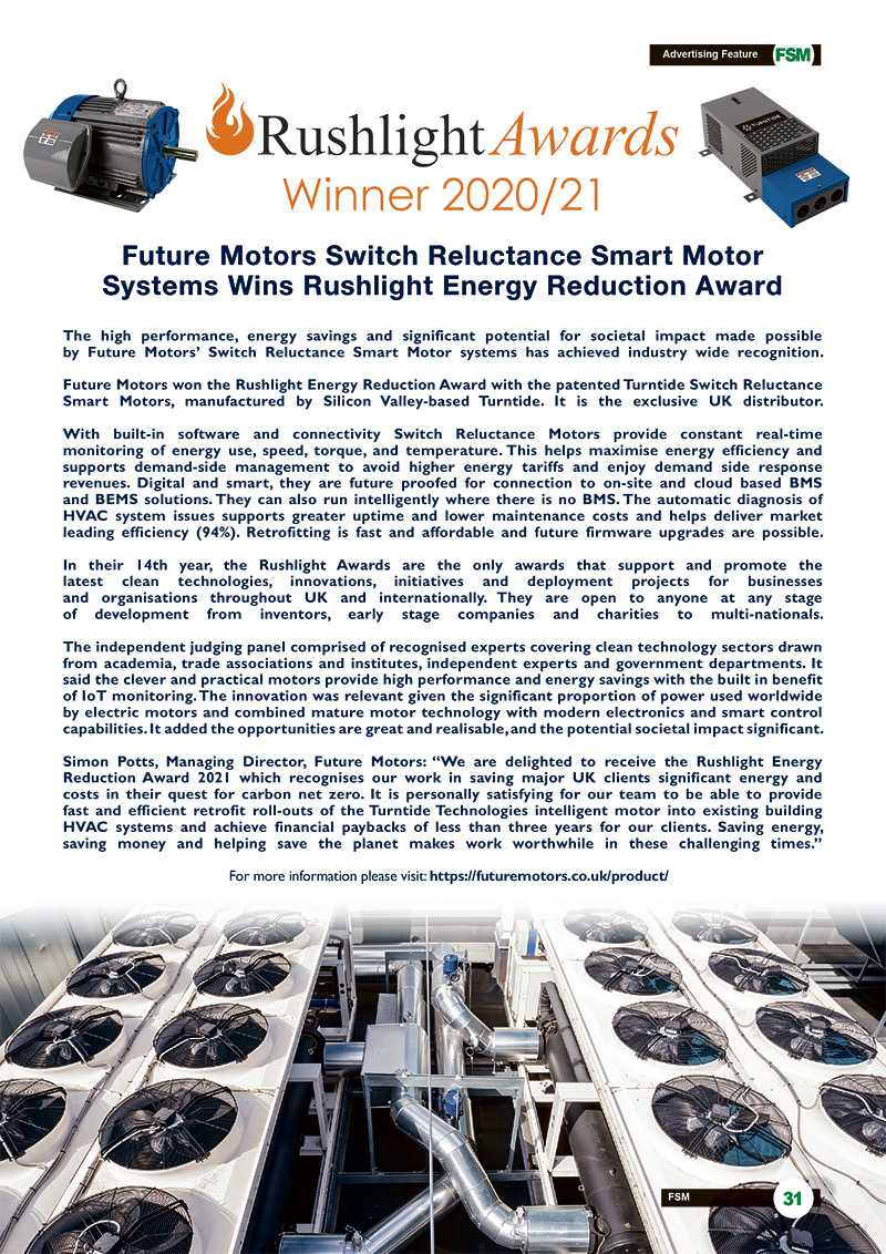 Future Motors Switch Reluctance Smart Motor Systems Wins Rushlight Energy Reduction Award