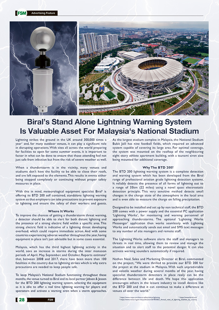 Biral’s Stand Alone Lightning Warning System Is Valuable Asset For Malaysia's National Stadium