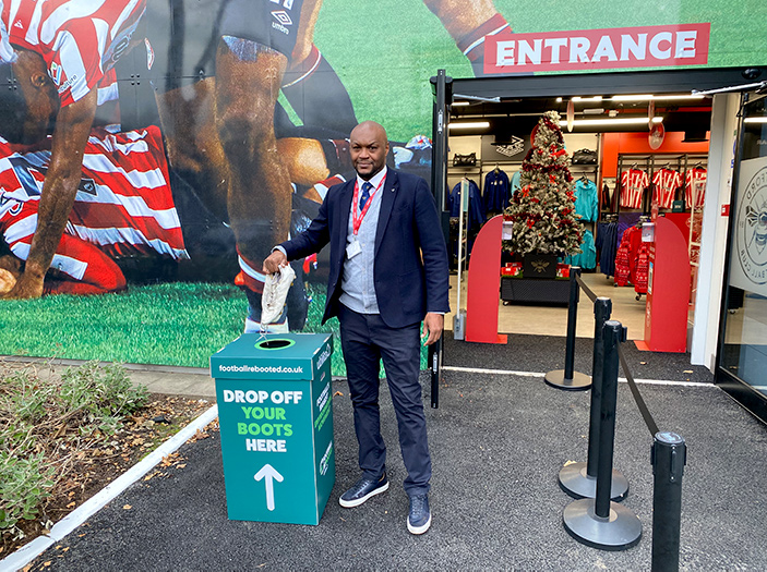 Former Bees striker Marcus Gayle at a Football Rebooted drop-off point