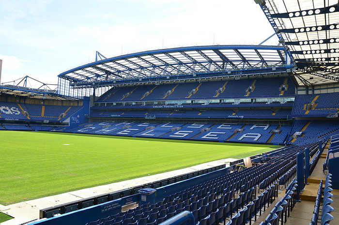 The inside of Chelsea FC's Stamford Bridge, looking onto the football pitch