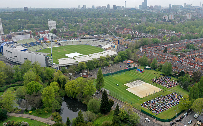 An aerial image of the crowd of attendees for Eid prayers at Edgbaston Stadium