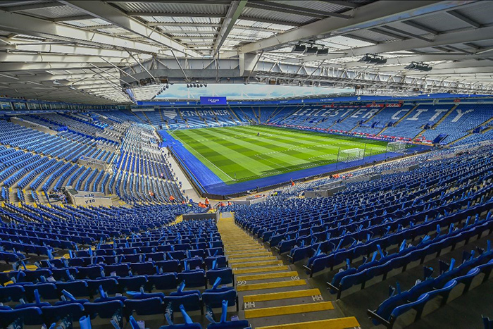 Inside Leicester City's King Power Stadium, looking down on the pitch