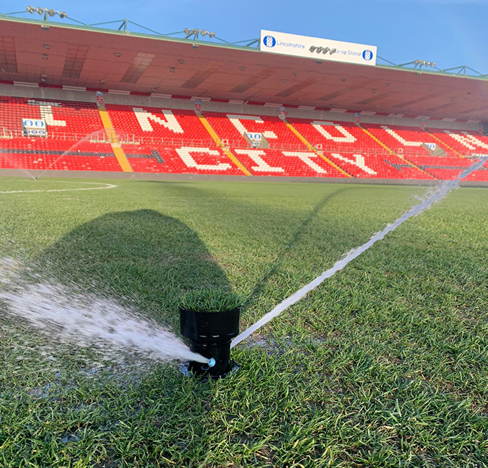 A Hunter sprinkler supplied by KAR UK at Lincoln City FC