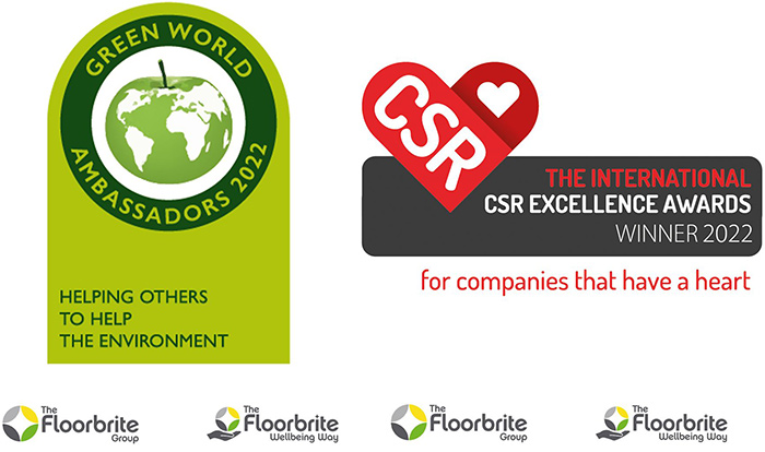 Logos for Green World Ambassadors Award and The International CSR Excellence Awards for 2022