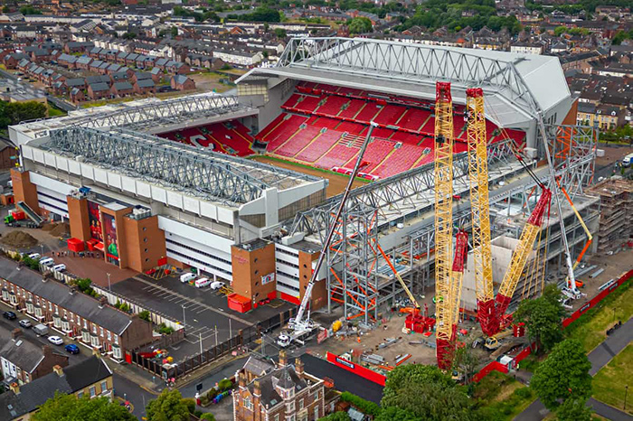 Anfield Road expansion, lifting trusses into place