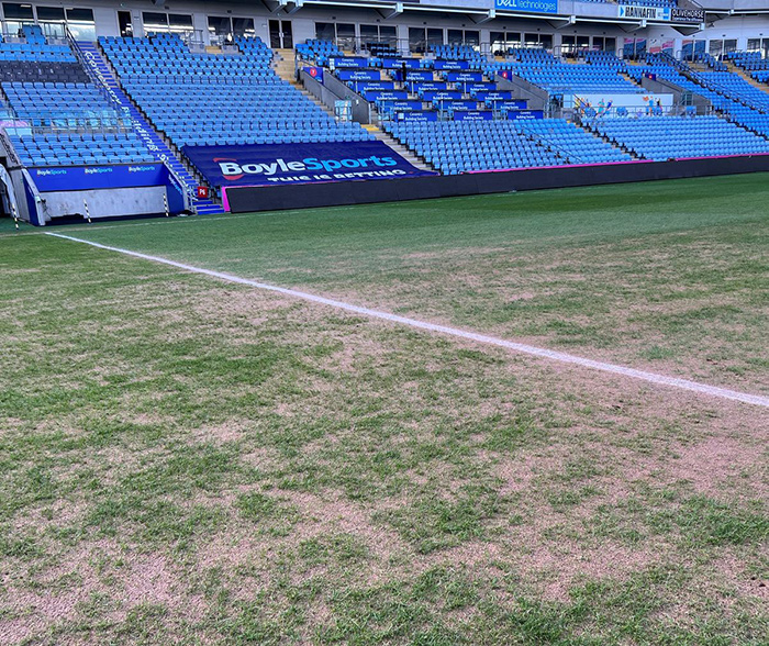 The damaged football pitch at Coventry City FC
