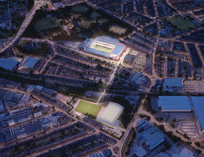 Aston Villa FC's aerial image of the new facilities and the surrounding area at night