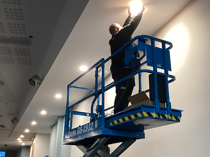 An LED light being fitted at Edgbaston