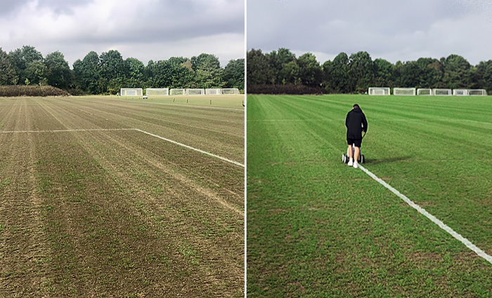 Image shows grass pitches on 23rd August (left) and 13th September (right)