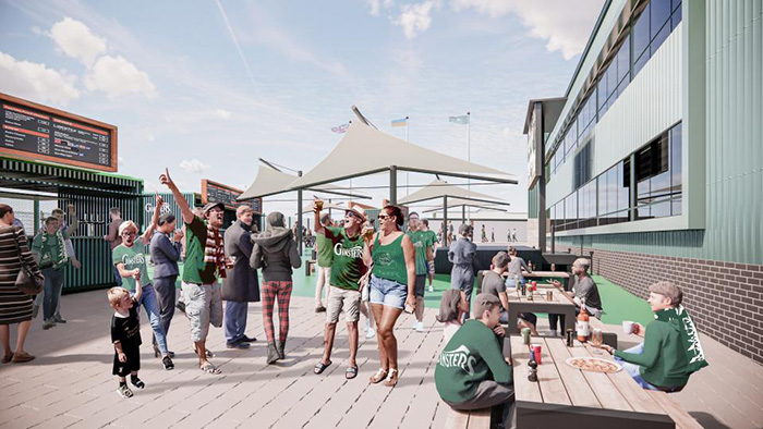An artist's impression of the proposed Mayflower Grandstand Fan Zone for Plymouth Argyle FC