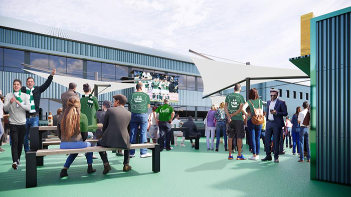 An artist's impression of the proposed Mayflower Grandstand Fan Zone for Plymouth Argyle FC