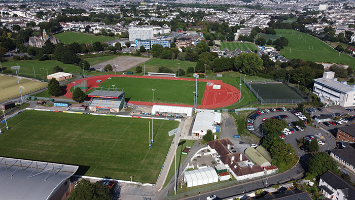 An aerial image of Plymouth Argyle Academy and the surrounding environs