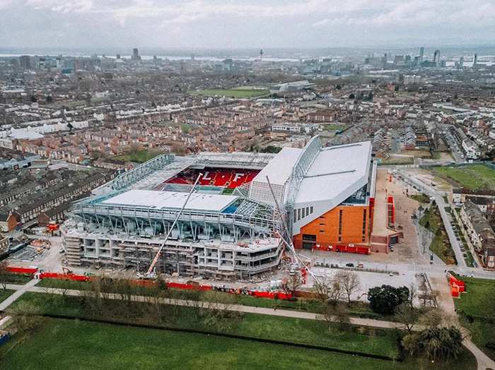 An aerial shot of the work in progress at Liverpool FC's Anfield Stadium