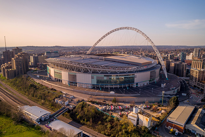 An aerial image of Wembley Stadium