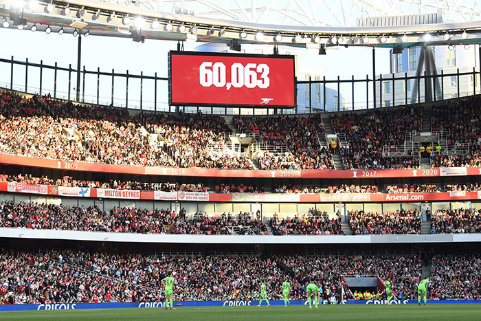 Inside the Emirates Stadium during the historically sold-out football match on Bank Holiday Monday