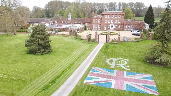 The coronation design marked onto grass at Champneys Henlow by the TinyLineMarker (TLM) Pro X