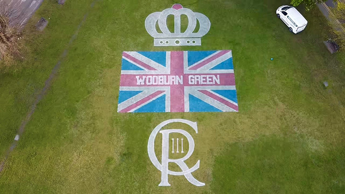 Looking down on the design marked onto grass at Wooburn Green by the TinyLineMarker (TLM) Pro X