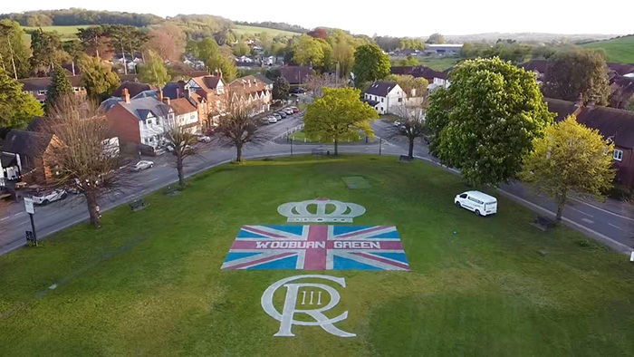The coronation design marked onto grass at Wooburn Green by the TinyLineMarker (TLM) Pro X