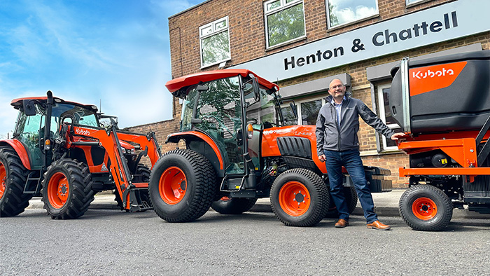 Peter Chaloner, managing director of Henton & Chattell Ltd, with Kubota tractors