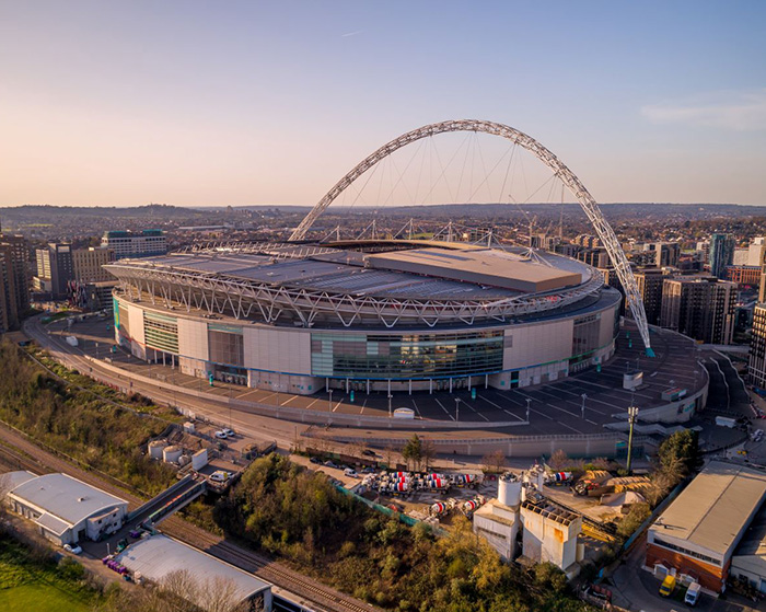 An aerial image looking at the outside of Wembley Stadium