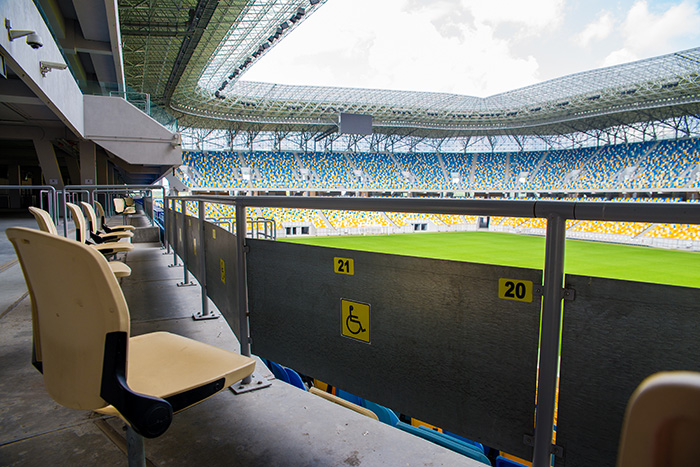 Disabled seating spaces in a football stadium