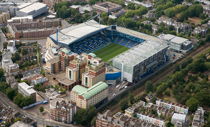 An aerial image of Stamford Bridge, Chelsea Football Club's stadium
