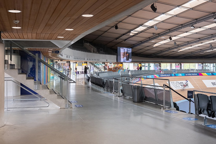 A view of Zumtobel's lighting above the spectators' seating area, at London's Lee Valley Velopark