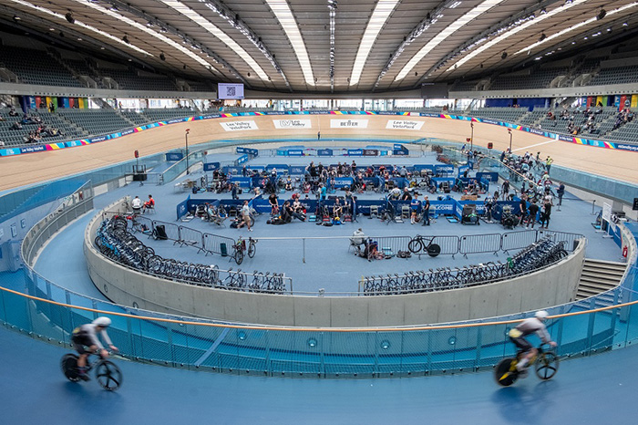 Lee Valley Velopark, London, photograph showing the cycling track and Zumtobel's lighting