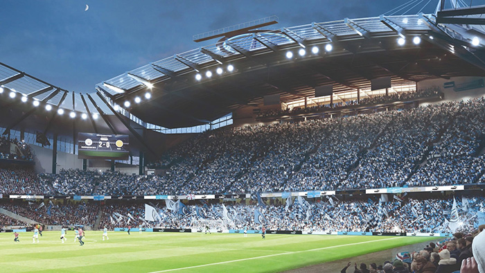 A rendering of how a football match will look inside the new, proposed stadium