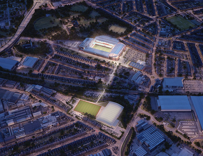 An aerial image of the Aston Villa sites seen illuminated at night