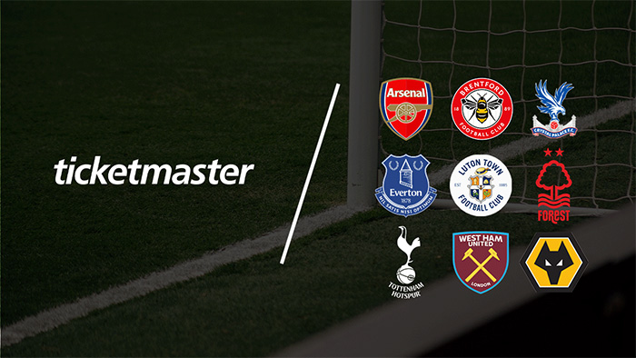 Ticketmaster logo with the logos of nine football clubs they are working with