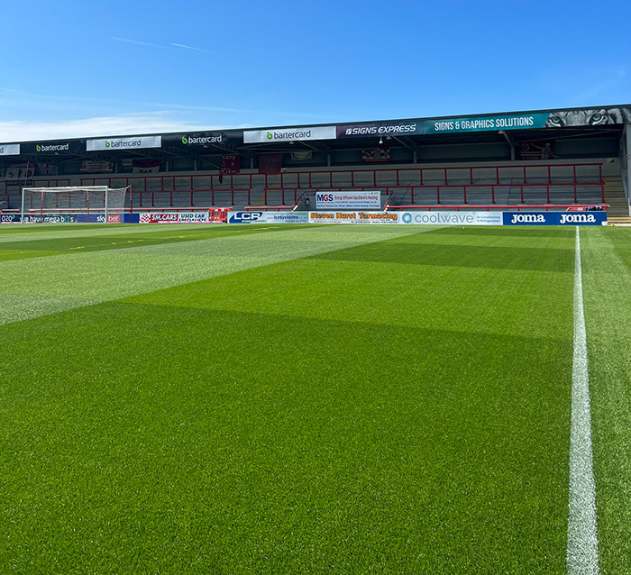The incredible-looking football pitch at Morecambe Football Club's stadium, thanks to Origin Amenity Solutions