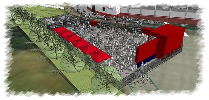 An artist's impression of how the Fan Zone will look. An aerial image looking down towards the fan zone from outside the stadium
