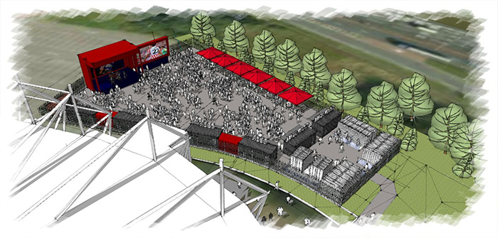 An artist's impression of how the Fan Zone will look. Aerial image looking down from above the stadium.