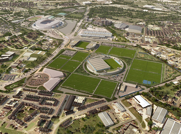 An aerial image of Etihad Campus and the surrounding areas