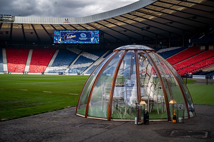The exterior view of a hospitality dome at Hampden Park, by Sodexo Live!