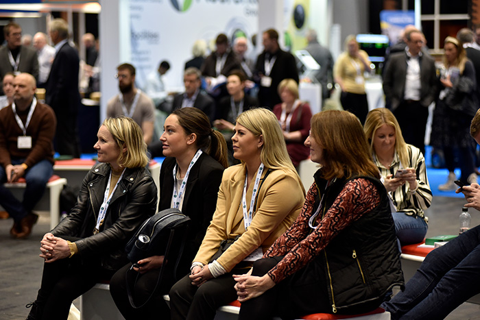 People listening to a presentation at the Manchester Cleaning Show