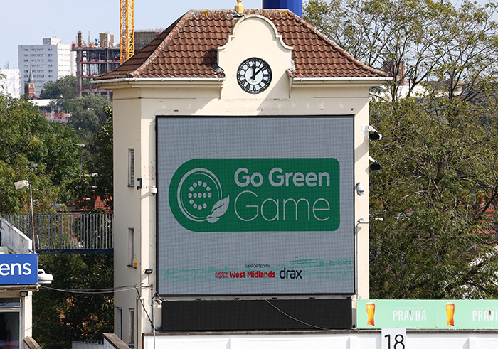 Go Green Game logo on a display board at Edgbaston