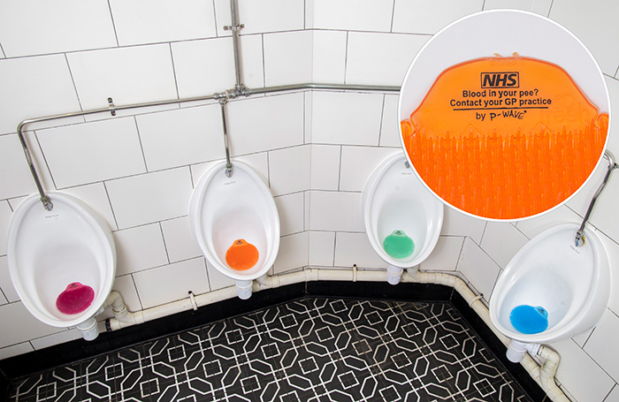 The NHS has chosen to partner with P‑Wave to put cancer and body awareness advice “Blood in your pee? Contact your GP practice” on urinal mats.