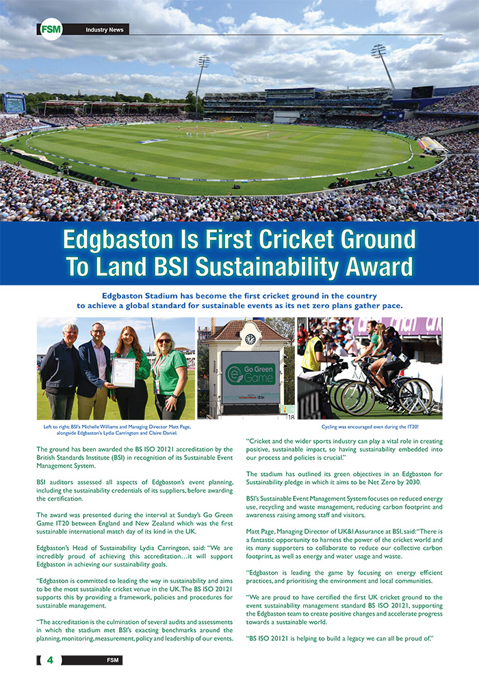 Edgbaston Is First Cricket Ground To Land BSI Sustainability Award