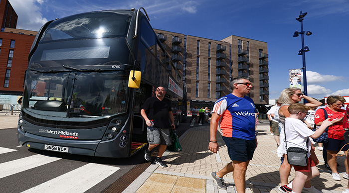 Attendees for Edgbaston's Go Green Game arriving on the free bus provided by National Express West Midlands