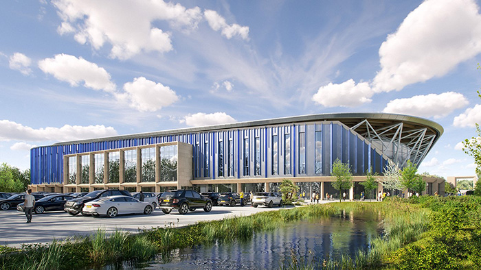 A rendering of the outside of the proposed Oxford United Football Club new stadium