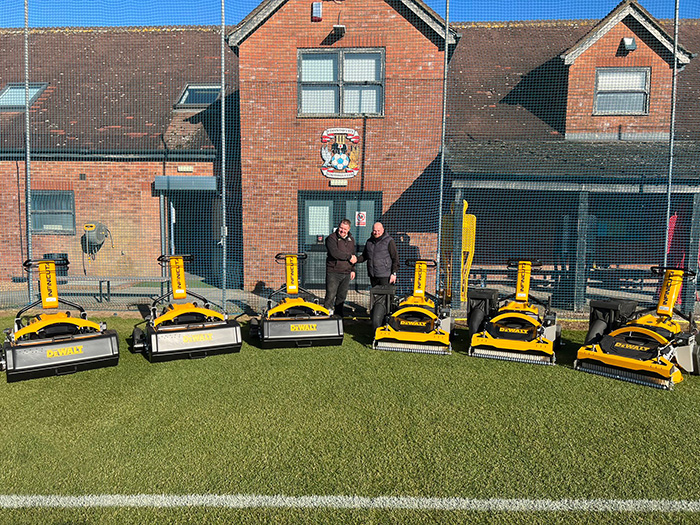 Dale Gregory, Head of Grounds & Facilities at Coventry City Football Club receiving three INFINICUT® mowers and rotaries, delivered by Martin Shepherd of George Browns Ltd 